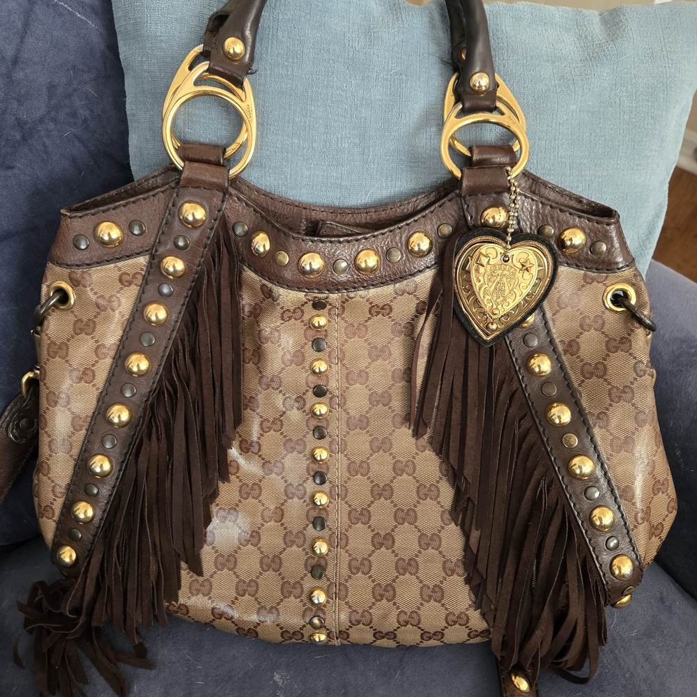 Gucci Babouska Crystal GG Brown Fringe Tote Bag